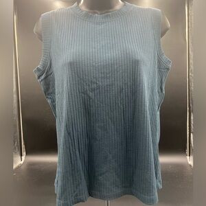 OF Mercer blue ribbed sleeveless top size L out to pit 18.5‎ length21.5. NWT